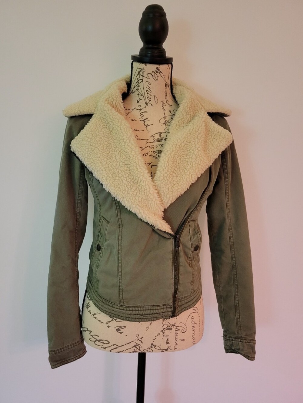 Hollister Olive Green Moto Jacket With Sherpa Collar Size XS